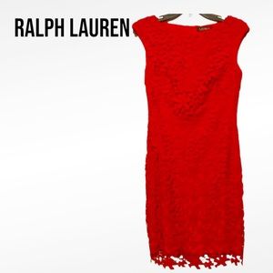 Lauren Ralph Lauren RED SHEATH LACE DRESS Flower Detail COCKTAIL Size 4 EUC